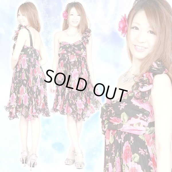 画像2: 花コサージュワンショルプリーツミニドレス (2)