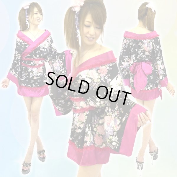 画像2: デカリボン帯*CUTEレースフリル和柄花魁サテンドレス (2)