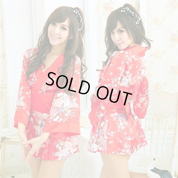 画像2: 浴衣イベント・花魁コスプレに♪【４点ＳＥＴ】花魁風和風花柄２Ｐサテン着物ドレス♪ (2)