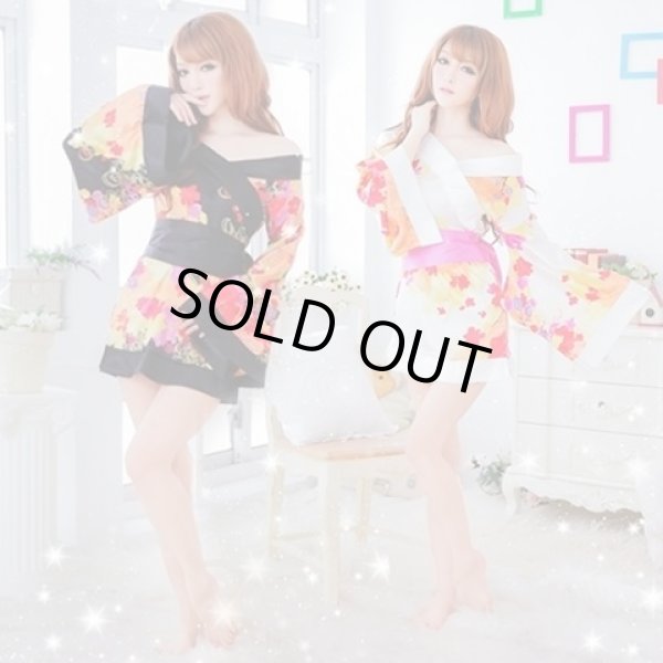 画像3: 浴衣イベント・花魁コスプレに♪【３点ＳＥＴ♪】≪被りワンピタイプ≫オフショルダー花魁風和風花柄サテン着物ミニドレス♪ (3)