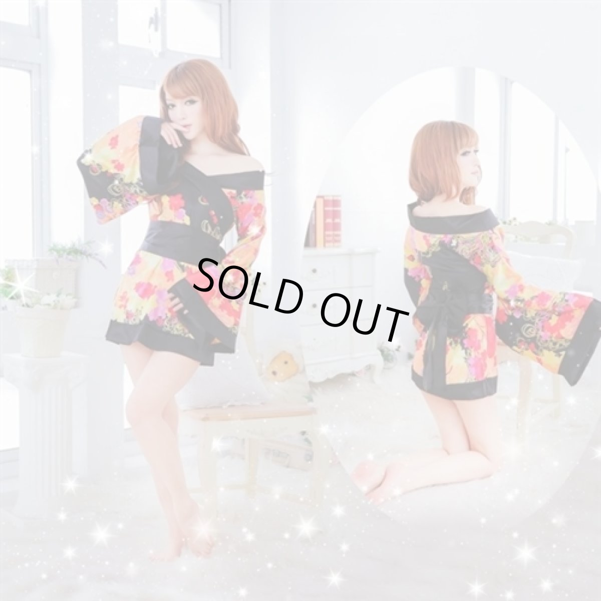 画像4: 浴衣イベント・花魁コスプレに♪【３点ＳＥＴ♪】≪被りワンピタイプ≫オフショルダー花魁風和風花柄サテン着物ミニドレス♪ (4)