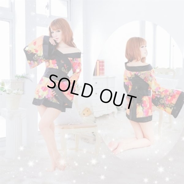 画像4: 浴衣イベント・花魁コスプレに♪【３点ＳＥＴ♪】≪被りワンピタイプ≫オフショルダー花魁風和風花柄サテン着物ミニドレス♪ (4)