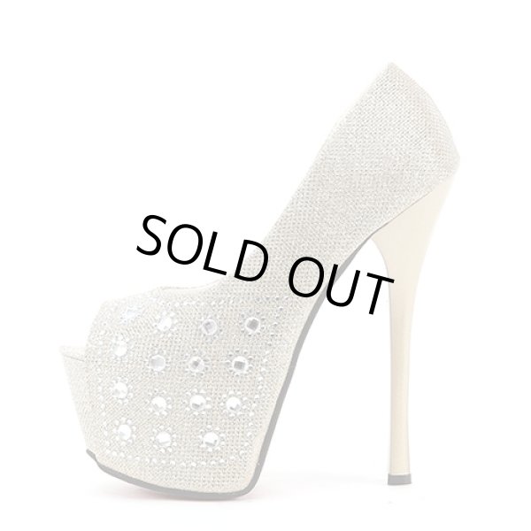 画像4: お花風ストーンラメ生地オープントゥパンプス (4)