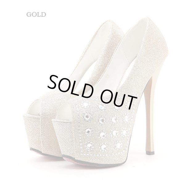 画像3: お花風ストーンラメ生地オープントゥパンプス (3)