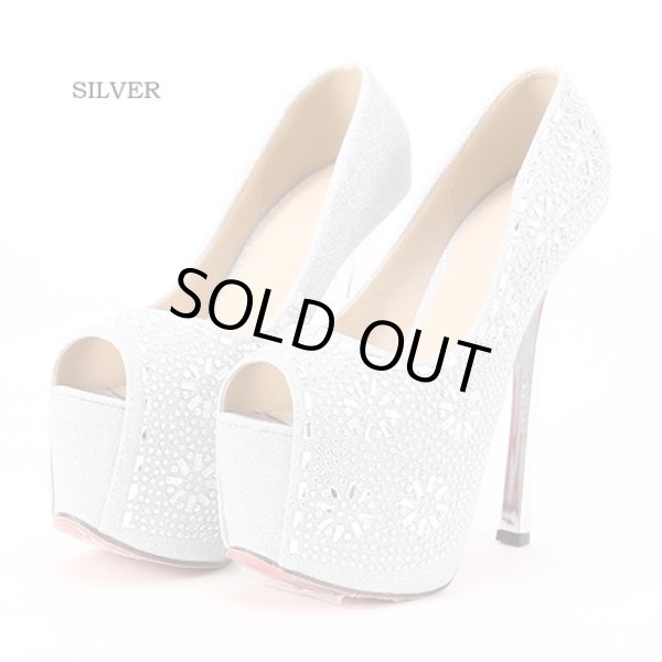 画像2: ラメ生地*キラキラストーンオープントゥパンプス*2color (2)