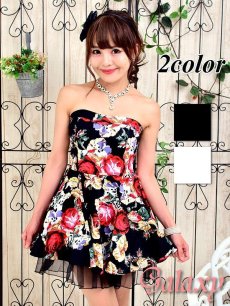 画像1: 薔薇刺繍風プリント裾チュール見せミニワンピース*2color (1)