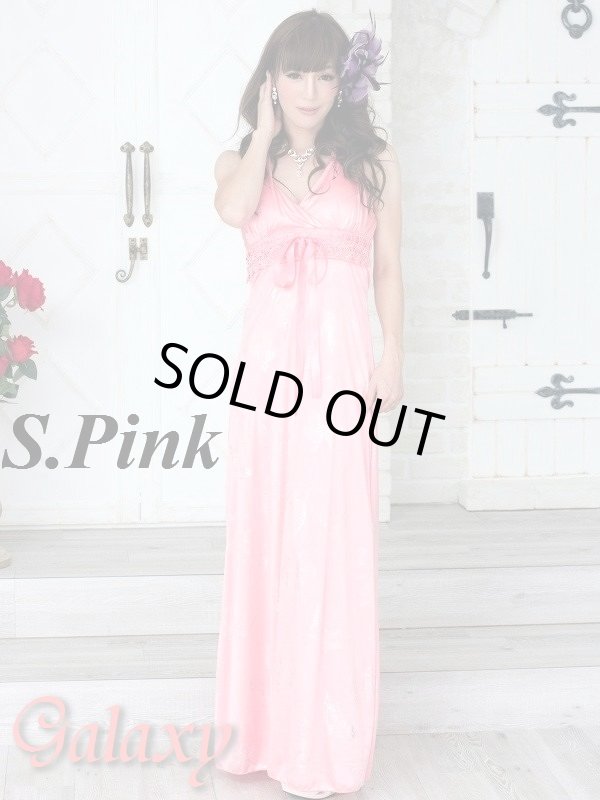 画像2: SILVERバタフライ*リボン編みこみレース付ストレッチサテンロングドレス*4color (2)