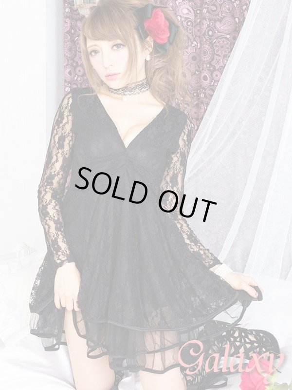 画像10: 胸元V開き総レース裾メッシュ*3段ティアードフレアーミニドレス*2color　 (10)