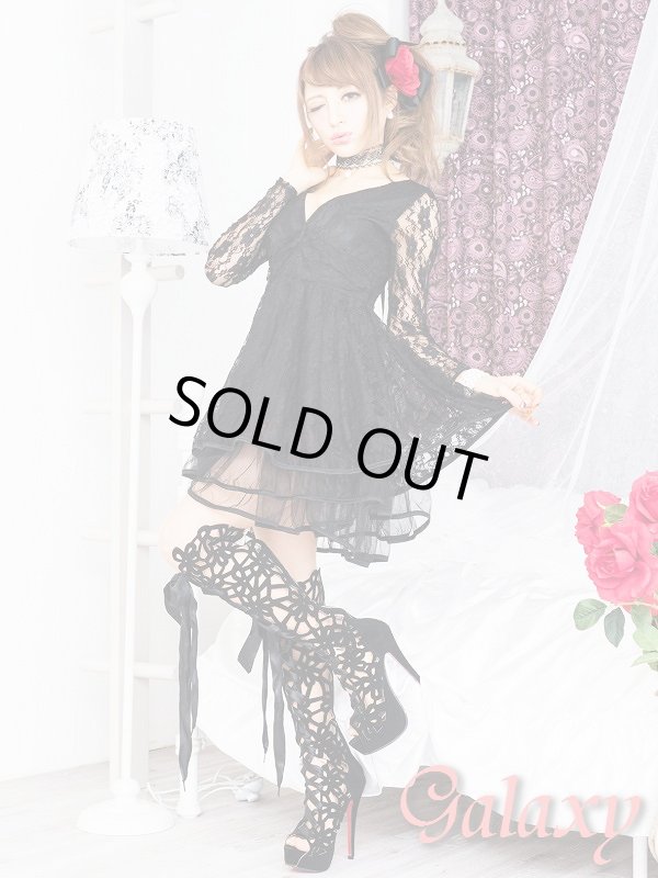 画像7: 胸元V開き総レース裾メッシュ*3段ティアードフレアーミニドレス*2color　 (7)