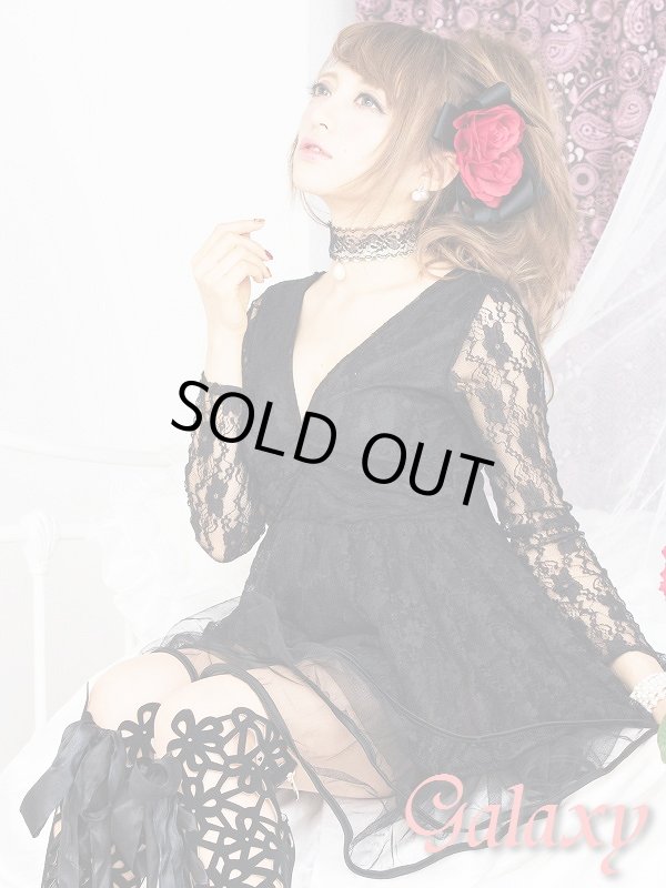 画像8: 胸元V開き総レース裾メッシュ*3段ティアードフレアーミニドレス*2color　 (8)