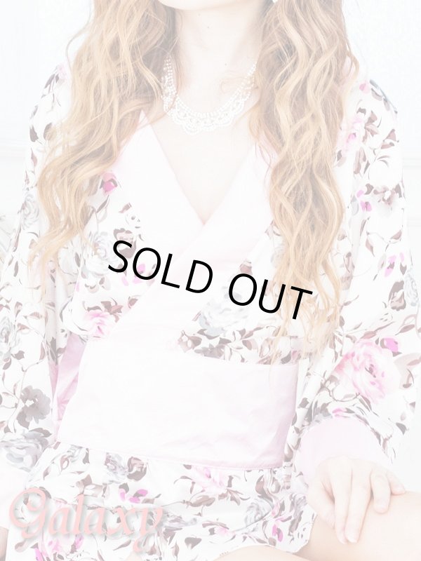 画像6: フロント斜めフリル裾*花柄サテン花魁着物ミニドレス (6)