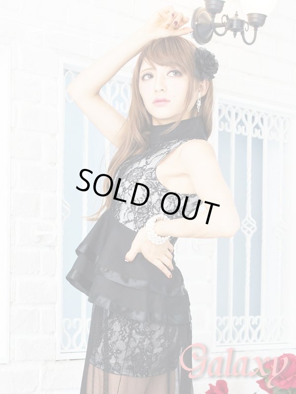 画像6: アメスリ花柄レース重ね*サテン縁取りペプラム*ロングシースルーミニドレス (6)