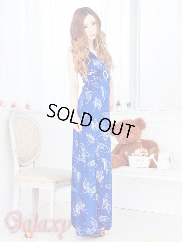 画像3: ジルコニアサークルバックル付き☆SILVERバタフライ光沢ストレッチサテンロングドレス (3)