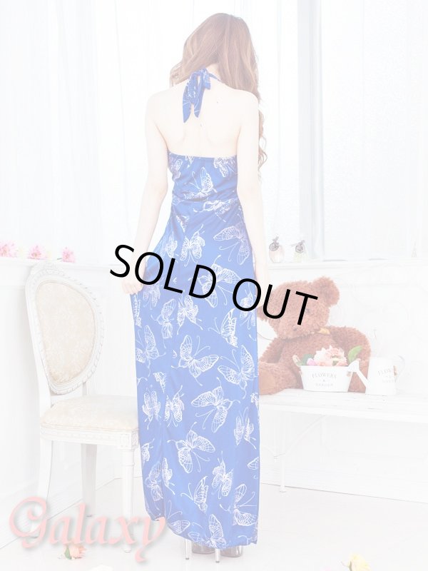 画像2: ジルコニアサークルバックル付き☆SILVERバタフライ光沢ストレッチサテンロングドレス (2)