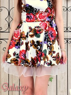 画像11: 薔薇刺繍風プリント裾チュール見せミニワンピース*2color (11)