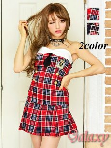 画像1: チェック柄*制服風ベアトップSEXYワンピース*2color (1)