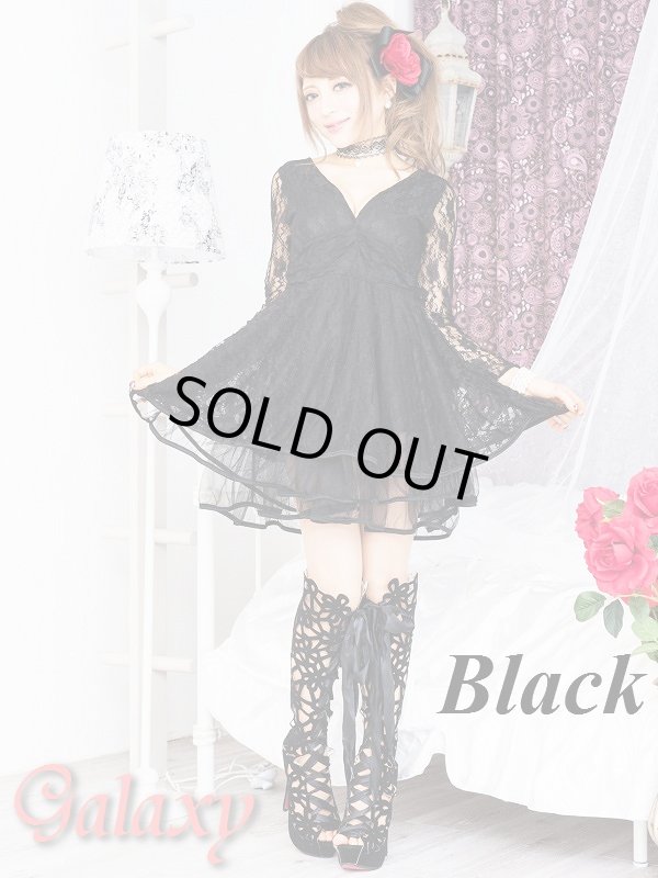 画像9: 胸元V開き総レース裾メッシュ*3段ティアードフレアーミニドレス*2color　 (9)