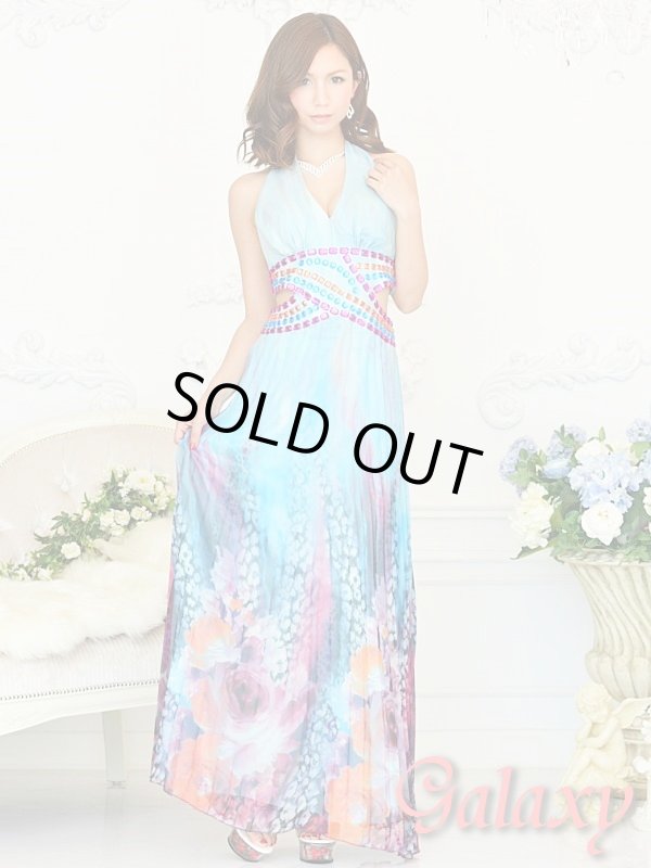 画像2: サイド魅せ*カラージュエル付アニマルフラワー柄シフォングラデーションプリーツロングドレス (2)