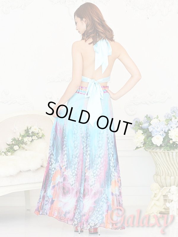 画像5: サイド魅せ*カラージュエル付アニマルフラワー柄シフォングラデーションプリーツロングドレス (5)