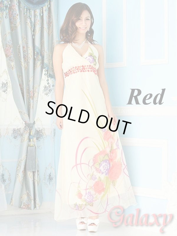 画像8: 上品シフォン胸下カラービジュー装飾花柄ロングドレス*2color (8)