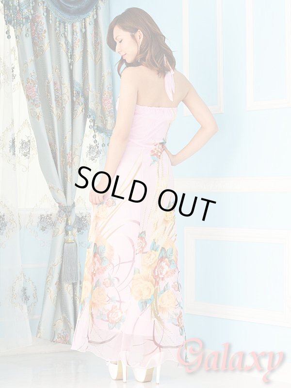 画像4: 上品シフォン胸下カラービジュー装飾花柄ロングドレス*2color (4)