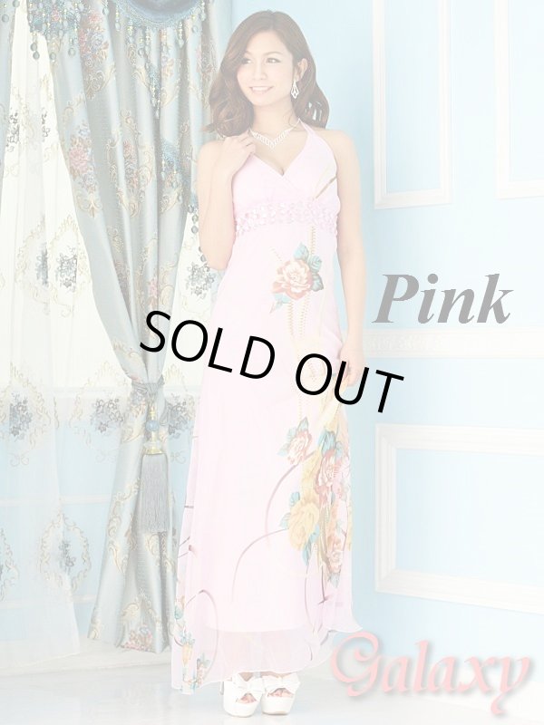 画像2: 上品シフォン胸下カラービジュー装飾花柄ロングドレス*2color (2)