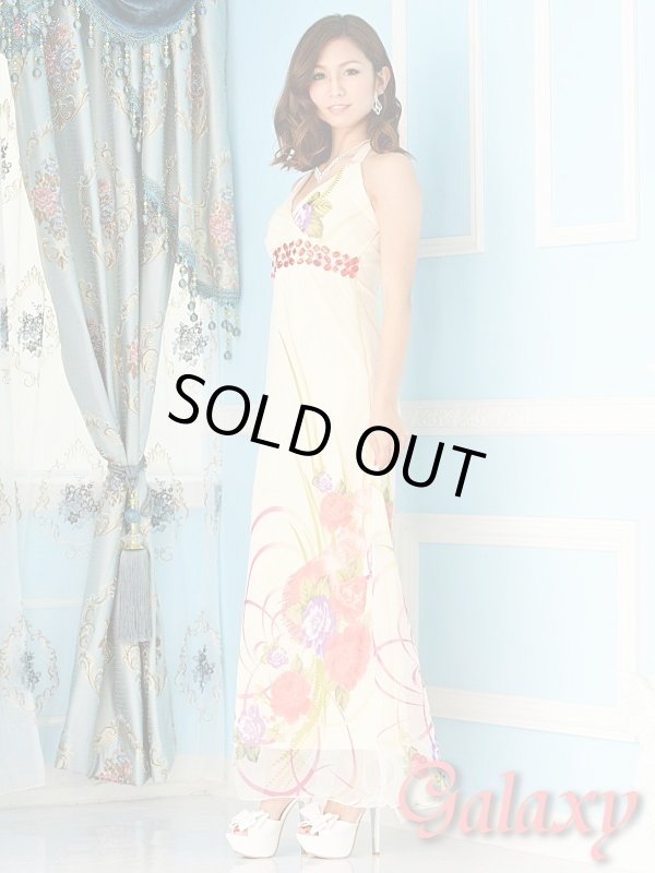 画像9: 上品シフォン胸下カラービジュー装飾花柄ロングドレス*2color (9)