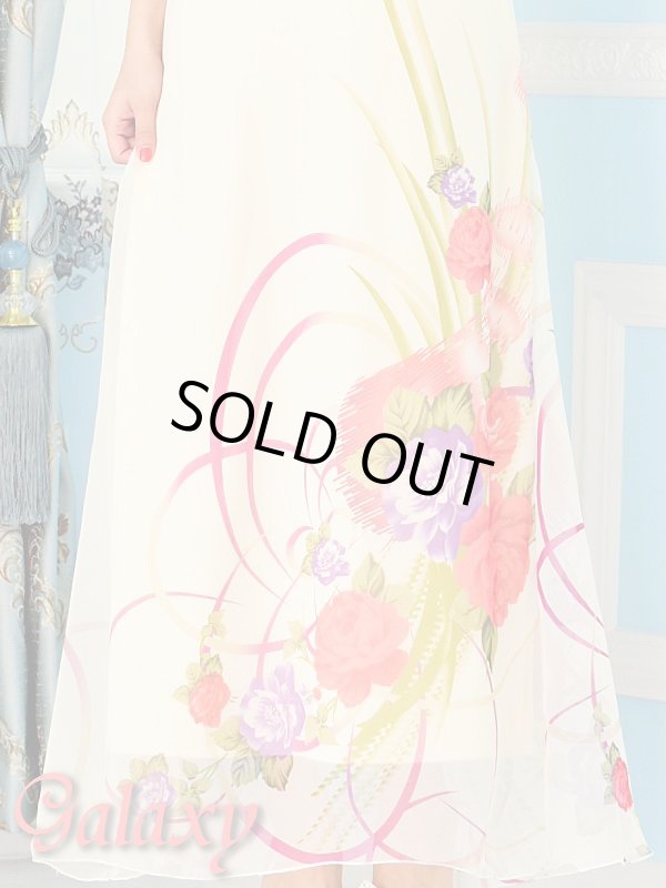 画像12: 上品シフォン胸下カラービジュー装飾花柄ロングドレス*2color (12)