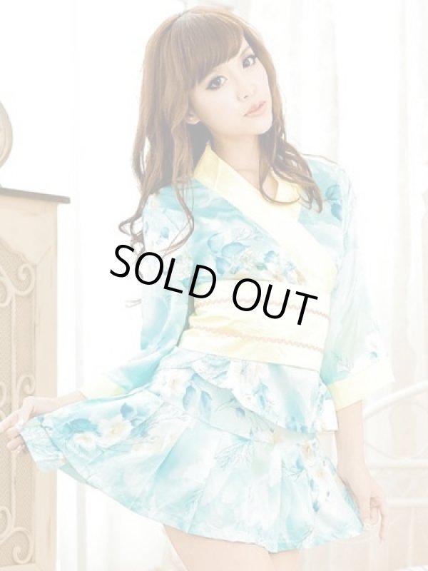 画像4: 浴衣イベント・花魁コスプレに♪【４点SET】ライトブルー×イエロー花柄サテン着物ドレス♪ (4)