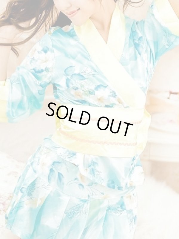 画像5: 浴衣イベント・花魁コスプレに♪【４点SET】ライトブルー×イエロー花柄サテン着物ドレス♪ (5)