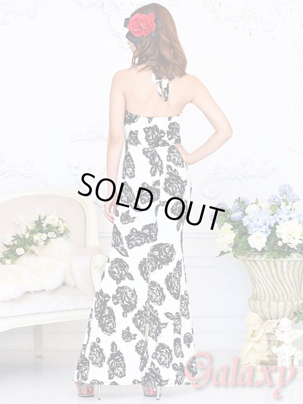 画像4: クリスタルストーンブローチ付*モノトーンローズ柄マーメイドロングドレス (4)