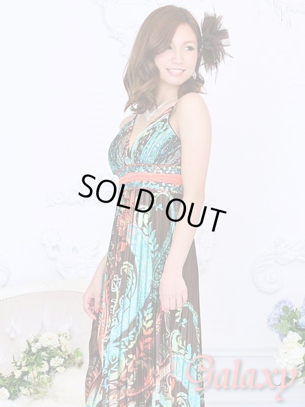 画像2: 胸下ビジュー盛りペイズリー柄プリーツロングドレス (2)