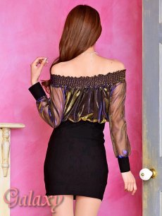 画像10: シースルー袖*オーロラオーガンジー切替*オフショルダー*ミニワンピ*3color*S/M/L/XL (10)