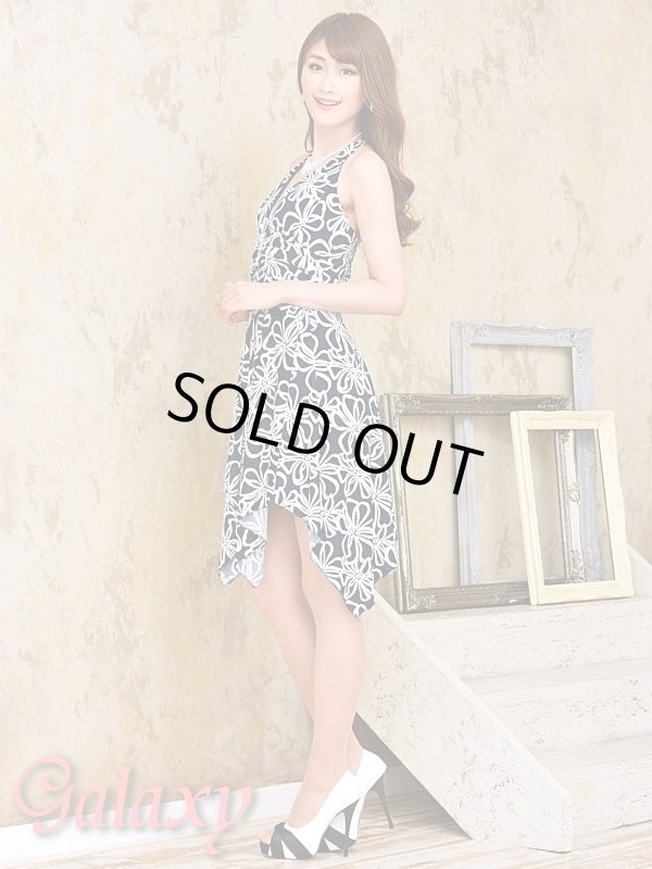 画像4: スクエアークリスタルストーン*モノクロフラワー柄ランダムカット*バイカラーミニドレス*M/L (4)