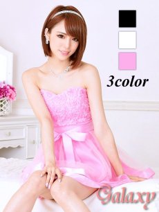 画像1: 裾サテン*フラワーモチーフ*ウエストリボンチュールミニドレス*3color (1)