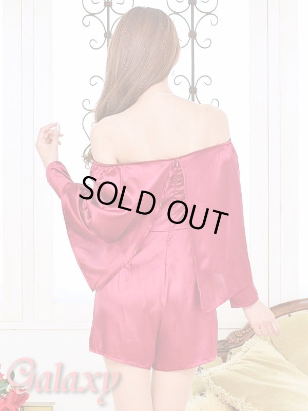 画像6: 艶美*長袖SEXYオフショル*サテン生地ロンパース*ショーパンオールインワン (6)