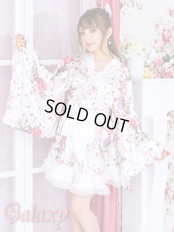 関税送料込♪GANN/花柄サテンミニドレス 百花繚乱☆オーガンジーフリル付花魁風和風花柄サテン着物ミニ