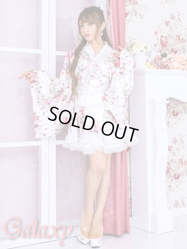 画像3: 百花繚乱☆オーガンジーフリル付花魁風和風花柄サテン着物ミニドレス☆ (3)