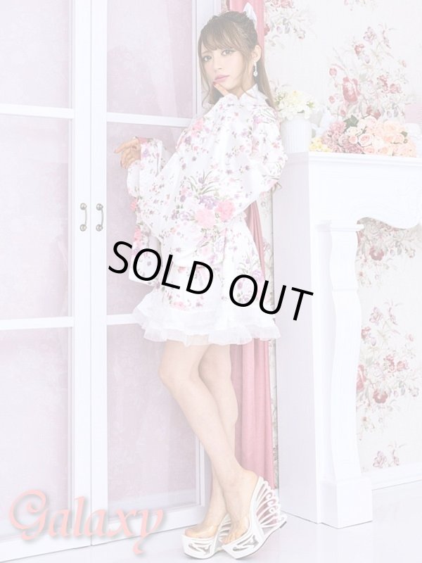 画像4: 百花繚乱☆オーガンジーフリル付花魁風和風花柄サテン着物ミニドレス☆ (4)