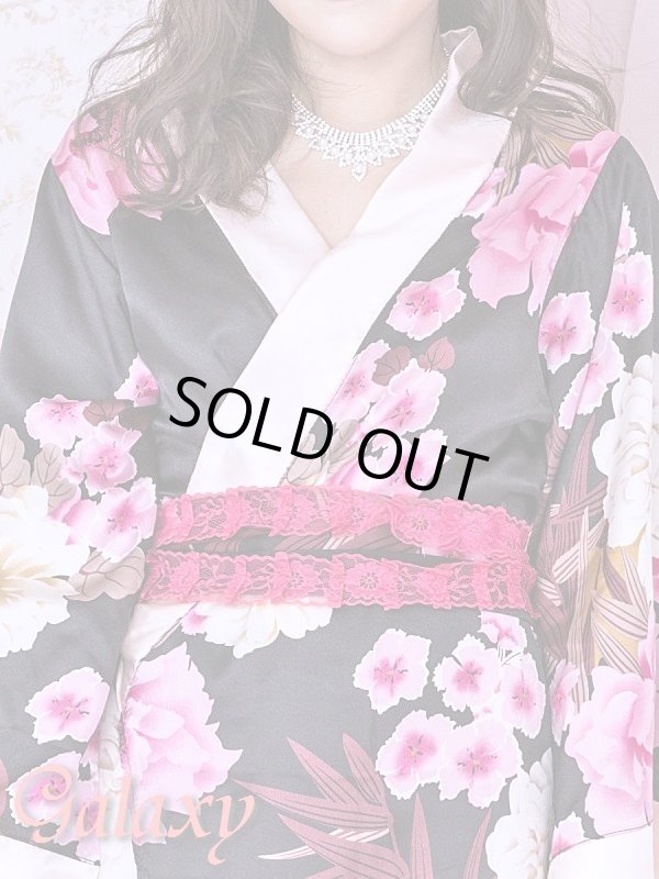 画像6: 和風花柄*斜めアシンメトリーフリル裾*リボン帯*花魁着物ドレス (6)