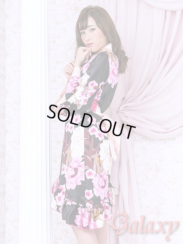 画像3: 和風花柄*斜めアシンメトリーフリル裾*リボン帯*花魁着物ドレス (3)