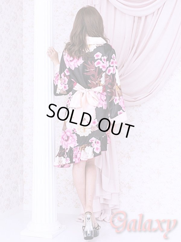 画像4: 和風花柄*斜めアシンメトリーフリル裾*リボン帯*花魁着物ドレス (4)