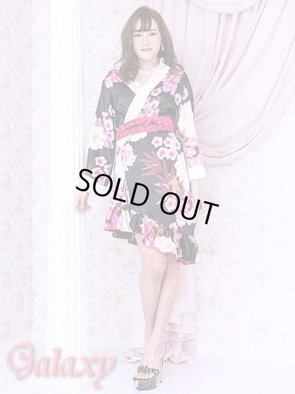 画像2: 和風花柄*斜めアシンメトリーフリル裾*リボン帯*花魁着物ドレス (2)