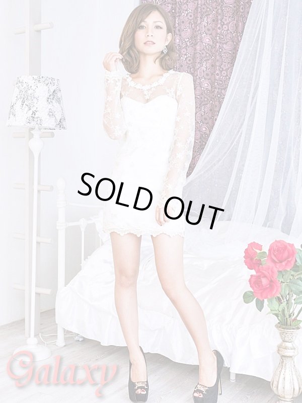 画像2: 豪華パール&ビジュー*金糸刺繍*シースルースリーブミニワンピース*S/M/L/XL (2)