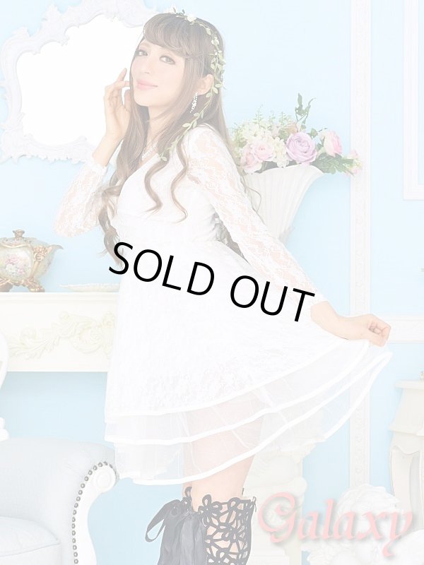 画像3: 胸元V開き総レース裾メッシュ*3段ティアードフレアーミニドレス*2color　 (3)