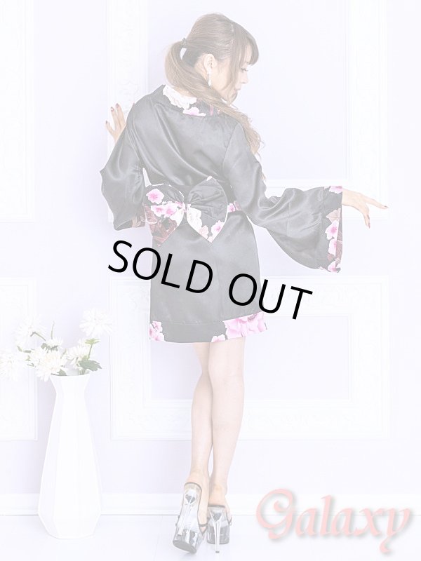 画像4: ブラック無地サテン*和風花柄帯花魁着物ドレス (4)