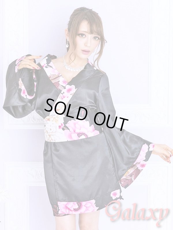 画像5: ブラック無地サテン*和風花柄帯花魁着物ドレス (5)