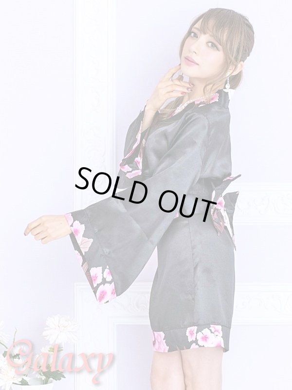 画像3: ブラック無地サテン*和風花柄帯花魁着物ドレス (3)