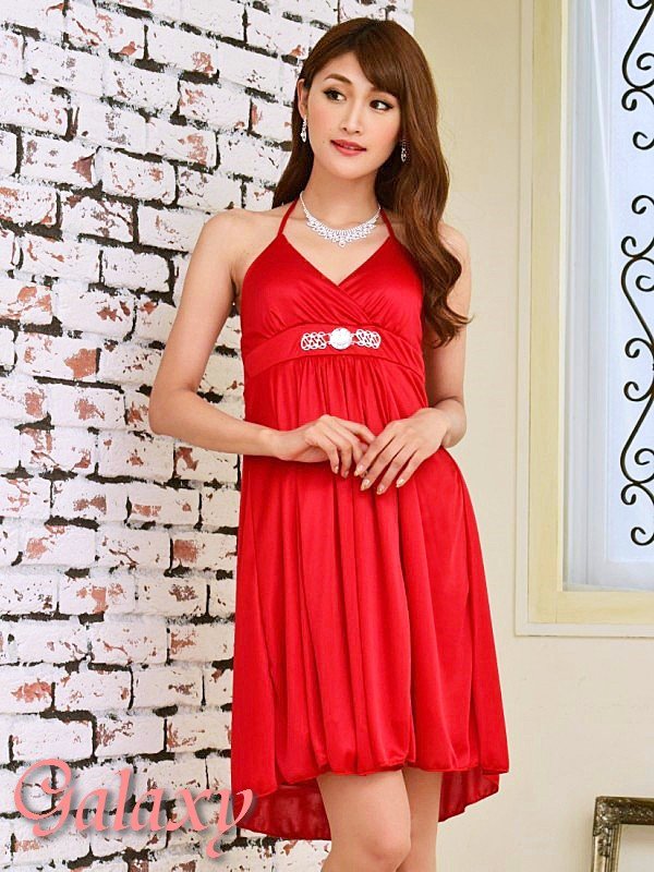 画像13: クリスタルストーンバックル付*艶ストレッチサテンカシュクールミニドレス*8color (13)