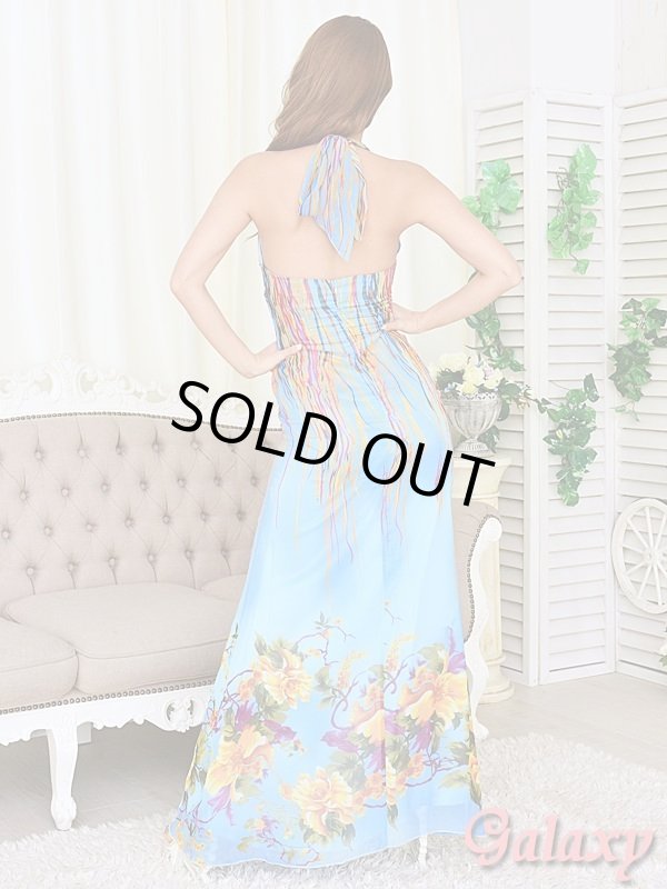 画像5: Wスクエアーカラーストーンライン*胸元クロス薔薇柄シフォンロングドレス*2color  (5)